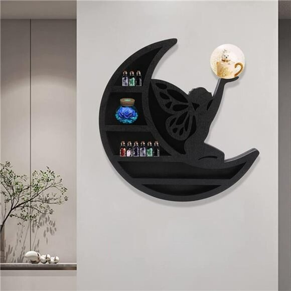 Wall Mounted Moon Shelf Crystal Display Stand Floating Wood Shelf Room Decor - Picture 4 of 7